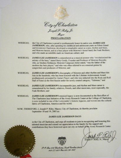 The Mayor of Charleston, the honerable Joe Riley made Sept 18-19 James Jamerson day CLICK ON THE IMAGE FOR THE TEXT
